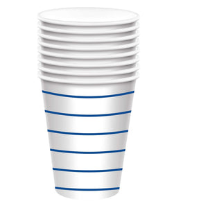Bright Royal Blue Stripes 266ml Paper Cups Pack of 8