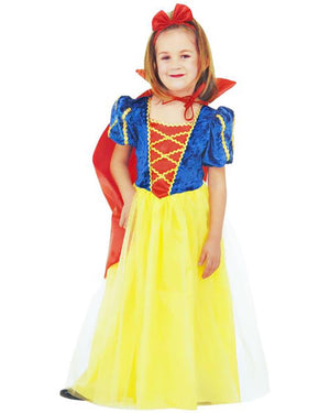Child wearing a Snow White costume with a red cape and yellow dress on a white background