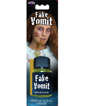 Packaging of 'Fake Vomit' product showing a tube with green substance inside, and an image of a person with special effects makeup simulating vomit on their face.