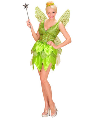 Person wearing a green fairy costume with wings and a wand on a white background