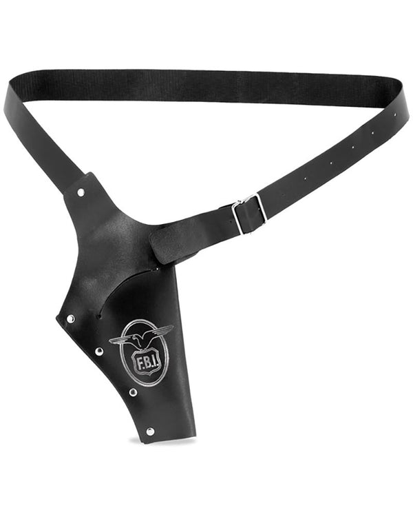 Black leather holster with a visible brand logo on a white background