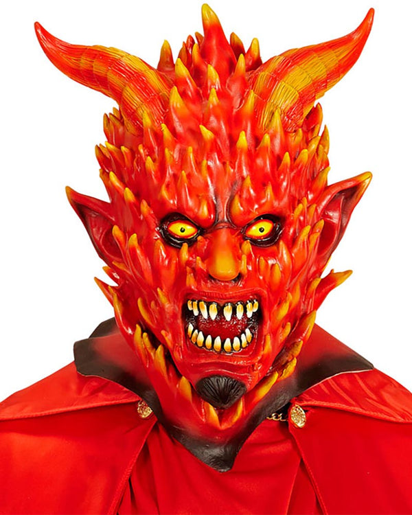 Devil-themed mask with fiery design and red cape on a white background