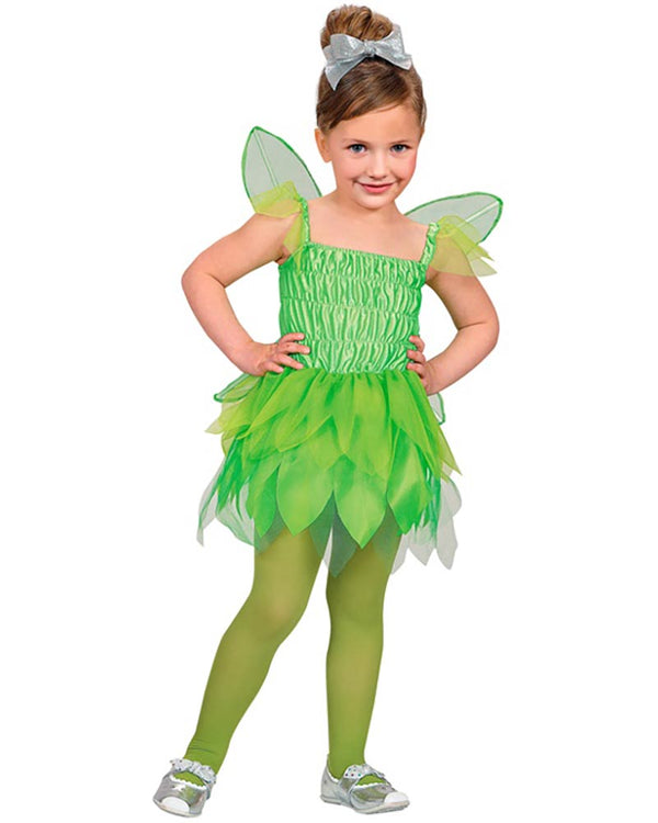 Child wearing a green fairy costume with wings on a white background