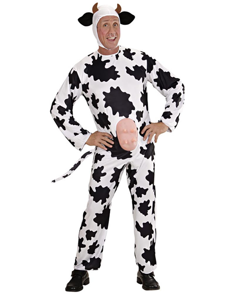 Person wearing a cow costume with black and white pattern on a white background