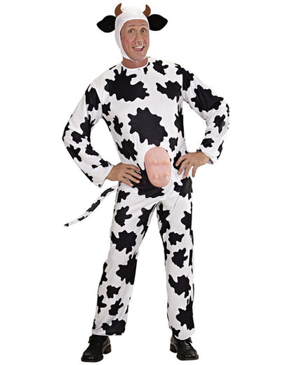 Person wearing a cow costume with black and white pattern on a white background