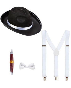 Black fedora, white suspenders, white bow tie, and red pen on a white background