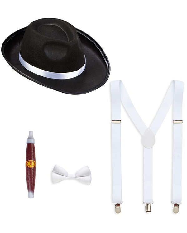 Black fedora, white suspenders, white bow tie, and red pen on a white background