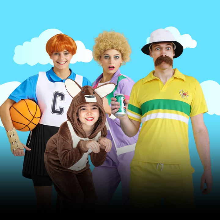 A blue sky background with Australian Icon character costumes. The Characters include a kangaroo onesie, a cricket player, netball player and a woman in a tracksuit. Click to shop all Aussie Icon costumes and accessories. 