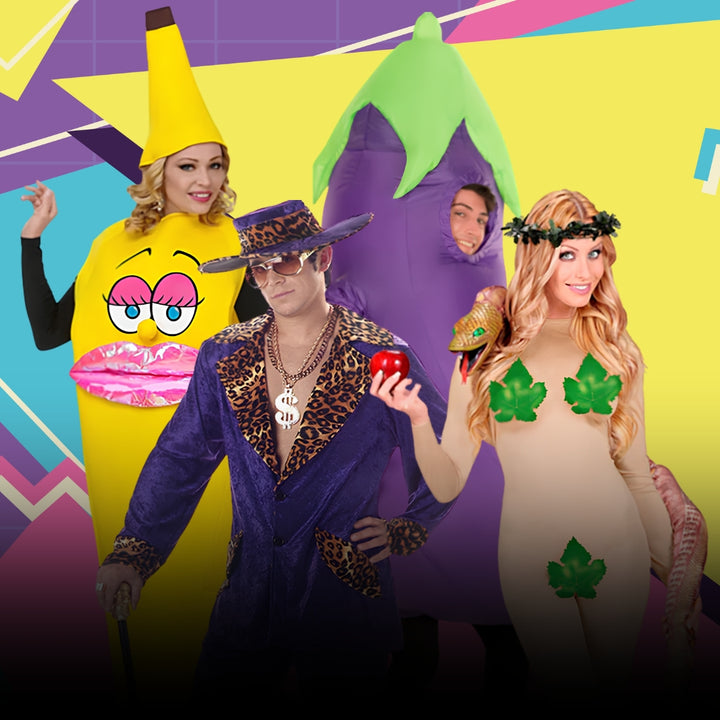 Funny Costumes. A retro coloured background with 4 funny costumes. A purple Pimp, Eve, Mrs Banana and an inflatable Eggplant/. Click to shop all Funny Costumes.