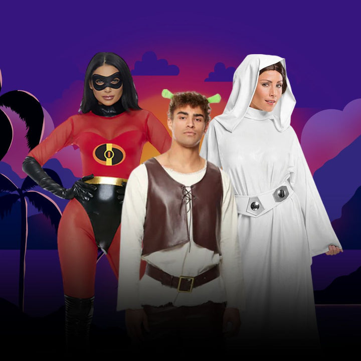A purple sunset graphic background with 3 characters for a letter party. One super hero, an ogre and a star wars character. Click the link to shop all party collections. 