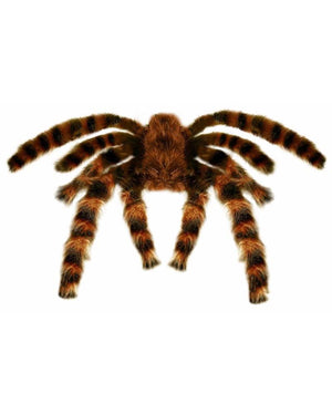 Plush toy spider with brown and black stripes on a white background