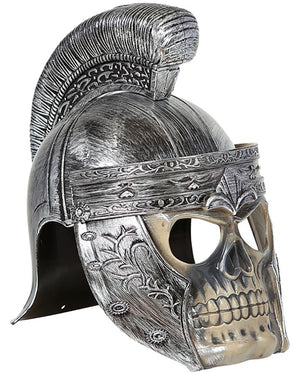 Decorative helmet with skull design and plume on a white background