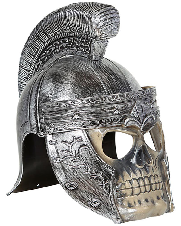 Decorative helmet with skull design and plume on a white background