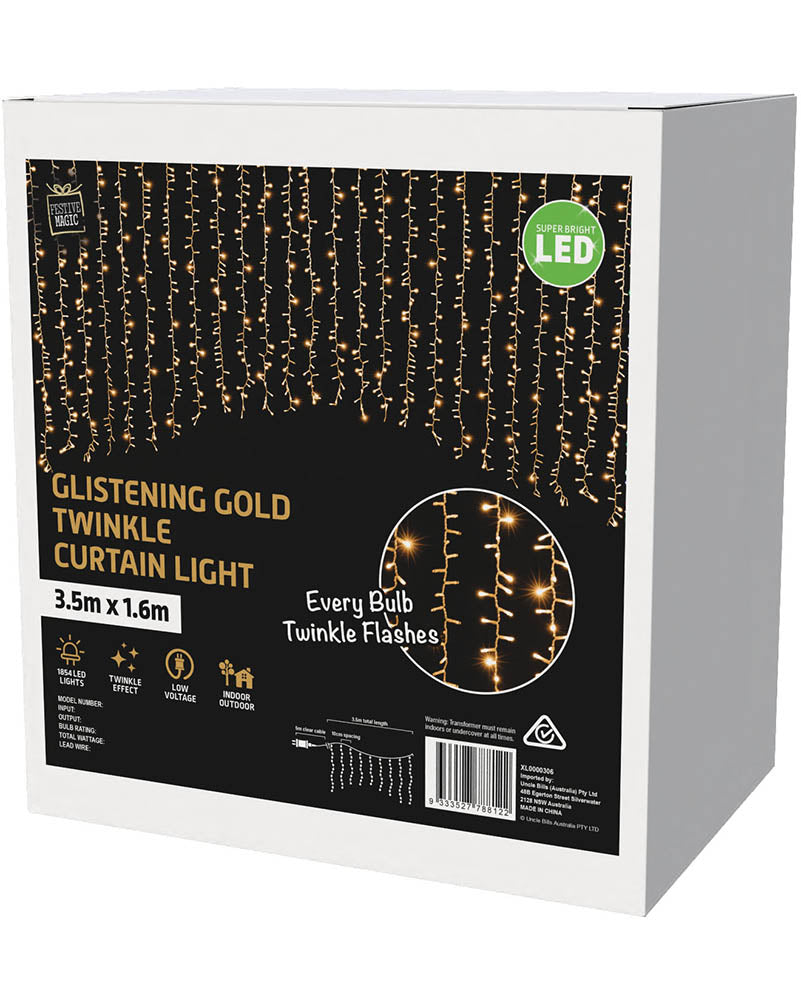 Glistening Gold Twinkling Christmas Curtain Lights 3.5m