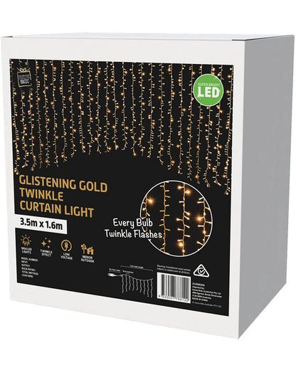 Glistening Gold Twinkling Christmas Curtain Lights 3.5m