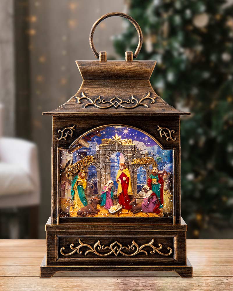 Musical Nativity Scene Lantern Glitter Swirl Christmas Decoration 27cm