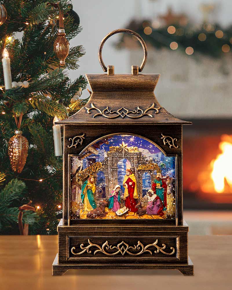 Musical Nativity Scene Lantern Glitter Swirl Christmas Decoration 27cm