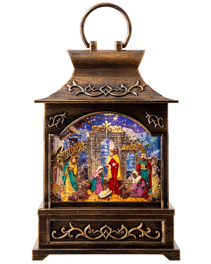 Musical Nativity Scene Lantern Glitter Swirl Christmas Decoration 27cm