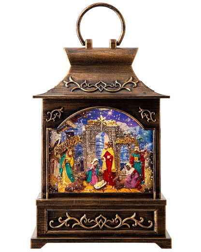 Musical Nativity Scene Lantern Glitter Swirl Christmas Decoration 27cm
