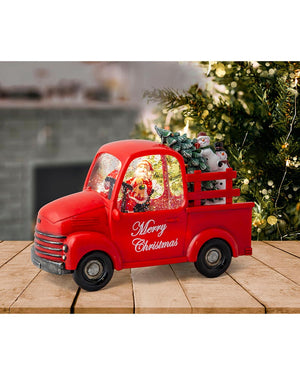 Musical Santa Pickup Truck Glitter Swirl Christmas Decoration 24cm