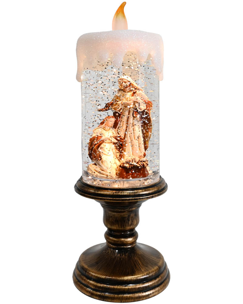 Nativity Pedestal Candle Glitter Swirl Christmas Decoration 28cm
