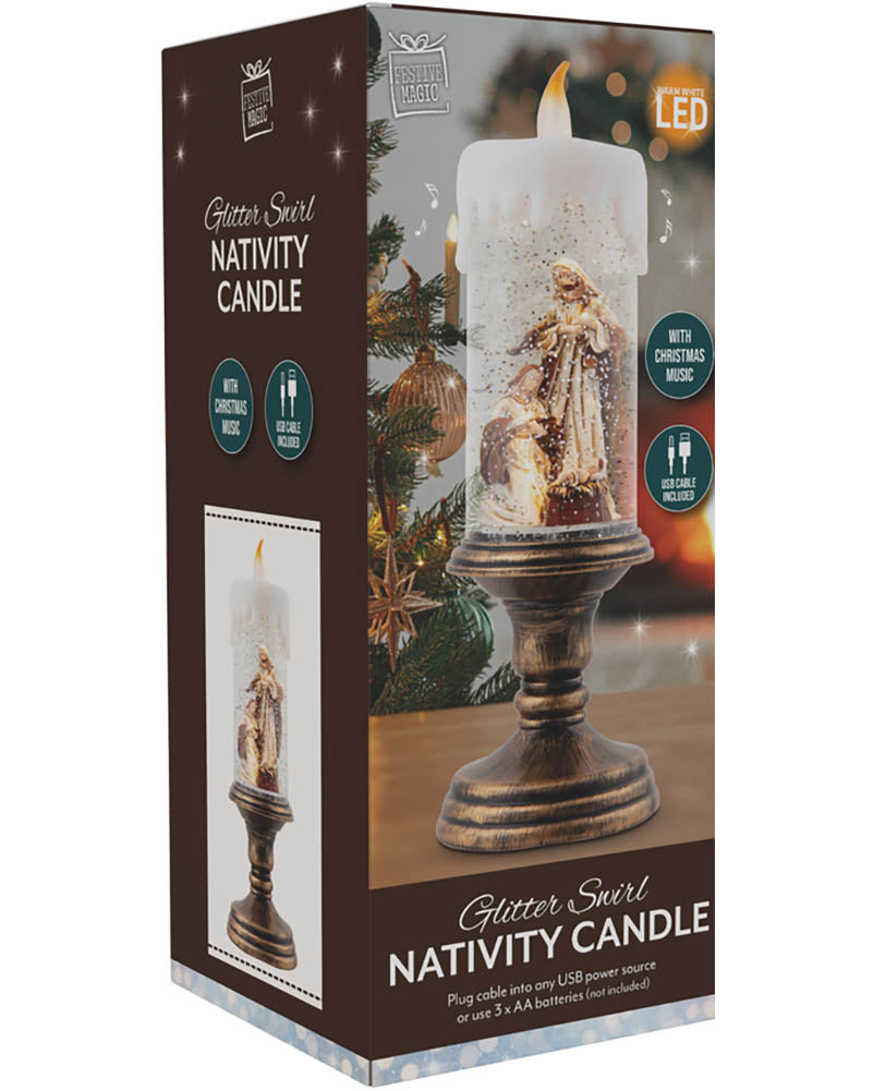 Nativity Pedestal Candle Glitter Swirl Christmas Decoration 28cm