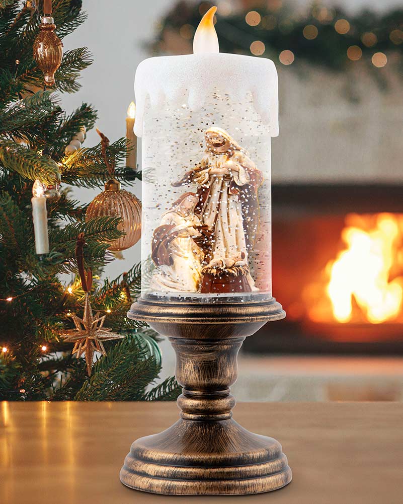 Nativity Pedestal Candle Glitter Swirl Christmas Decoration 28cm