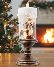 Nativity Pedestal Candle Glitter Swirl Christmas Decoration 28cm