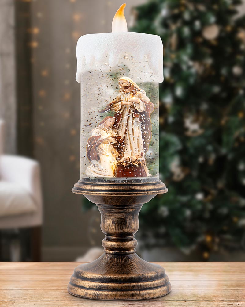 Nativity Pedestal Candle Glitter Swirl Christmas Decoration 28cm
