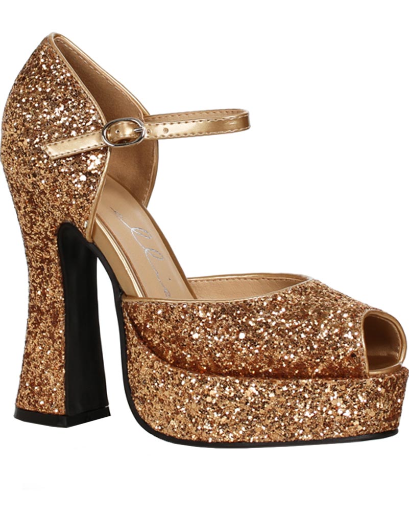 70s Gold Glitter Sparkle Chunky Heel With Ankle Strap Deluxe Womens Shoes