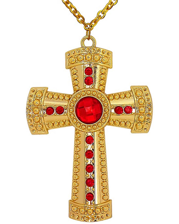 Gold cross pendant with red stones on a white background