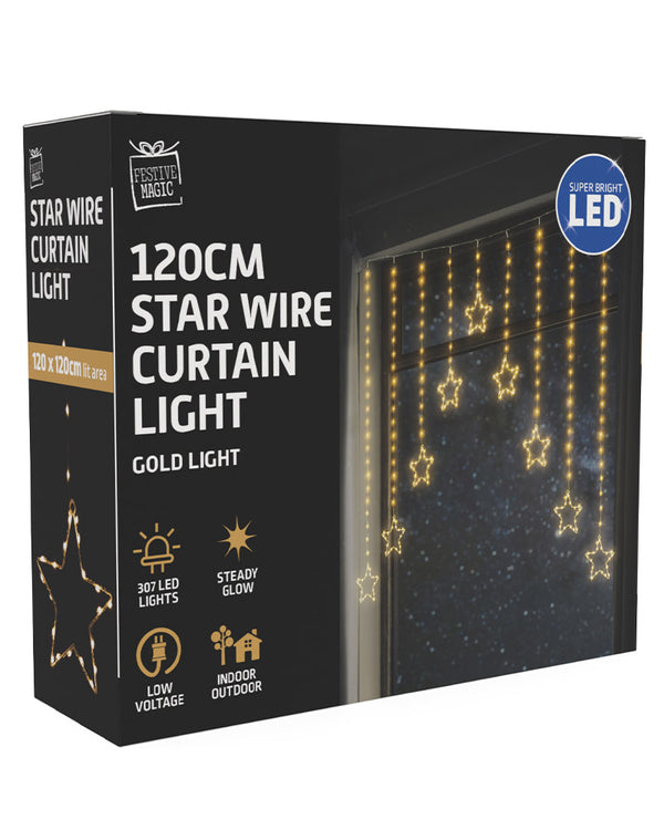 Gold LED Christmas Wire Star Curtain 1.2m