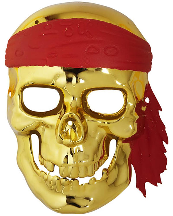 Gold skull mask with a red bandana on a white background