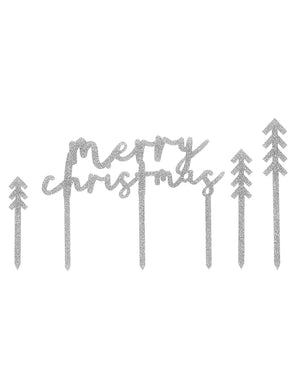 Good Cheer Silver Merry Christmas Glitter Acrylic Cake Topper Set