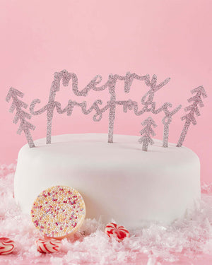Good Cheer Silver Merry Christmas Glitter Acrylic Cake Topper Set