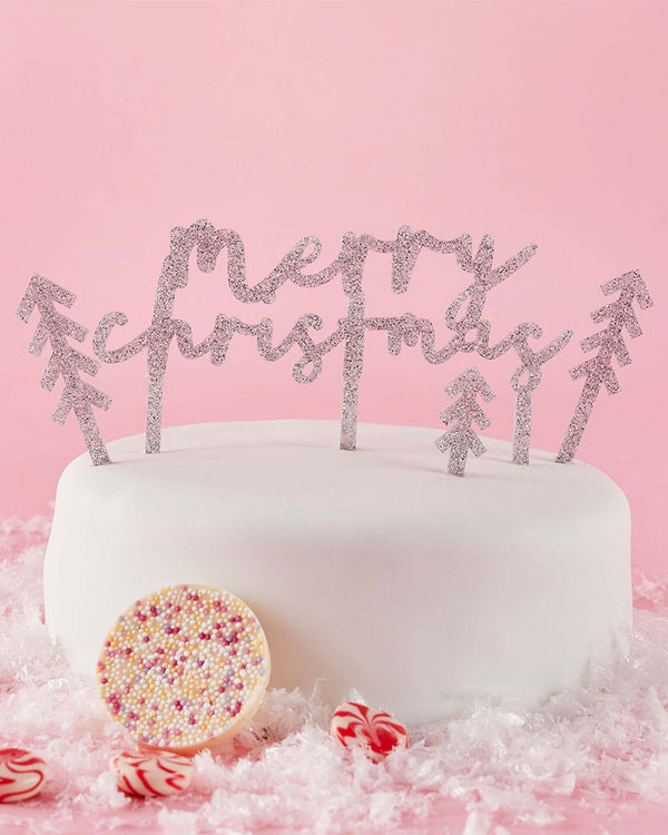 Good Cheer Silver Merry Christmas Glitter Acrylic Cake Topper Set