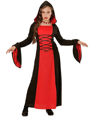 Child wearing a black and red costume with a hood on a white background