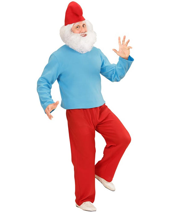 Person wearing a gnome costume with a blue shirt, red pants, and hat on a white background
