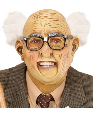 Mask of an elderly man with glasses and white hair on a white background