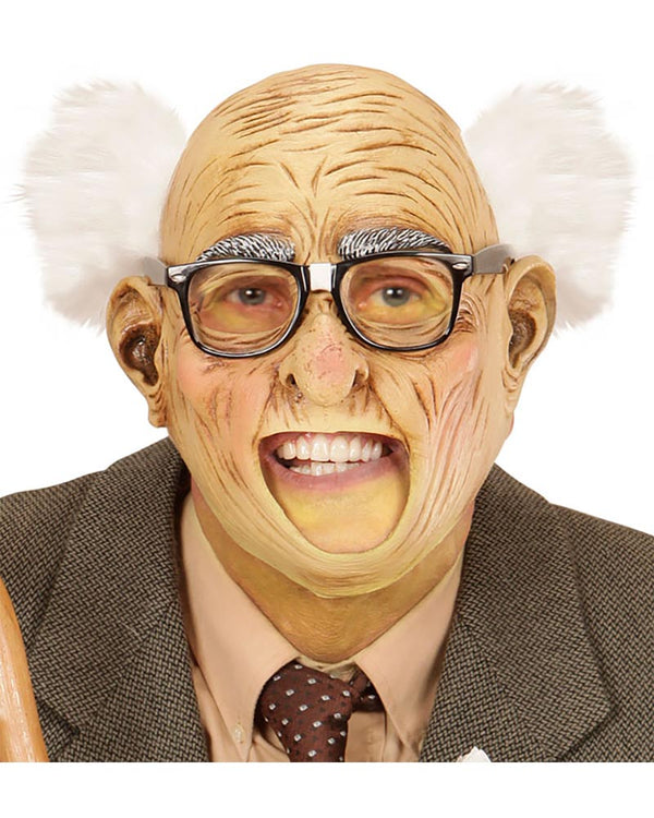 Mask of an elderly man with glasses and white hair on a white background