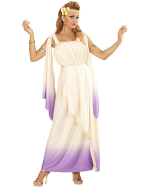 Woman wearing a Greek goddess costume with a white and purple dress on a white background