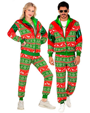 Two people wearing matching red and green Christmas-themed outfits on a white background