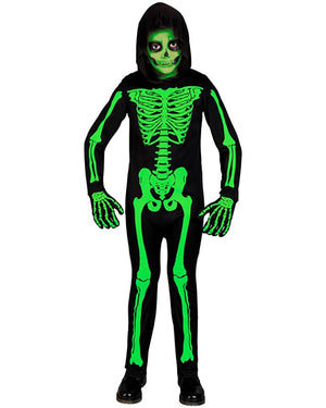 Black skeleton costume with green glowing skeleton design on a white background