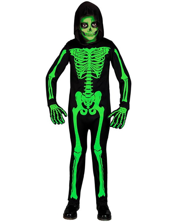 Black skeleton costume with green glowing skeleton design on a white background
