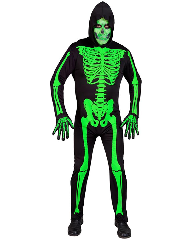 Black skeleton costume with green glowing skeleton design on a white background