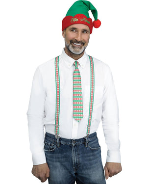 Christmas Green Stripe Holly Day Suspender Tie and Hat