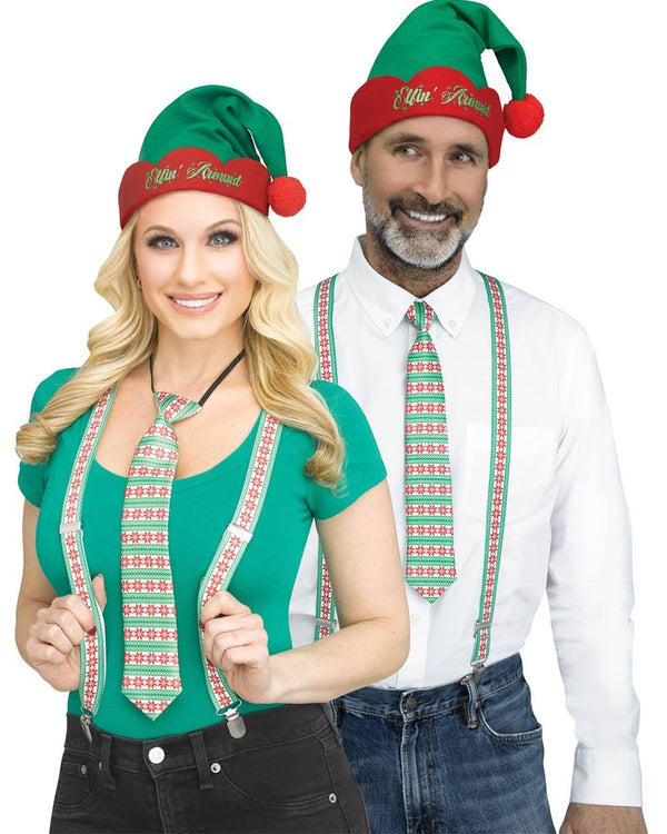 Christmas Green Stripe Holly Day Suspender Tie and Hat