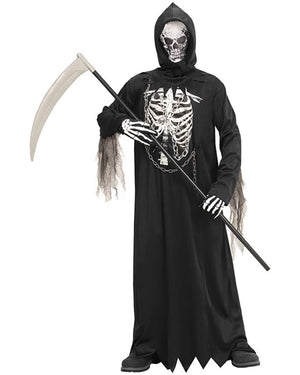 Person wearing a black Halloween costume with a skeleton design and holding a scythe on a white background
