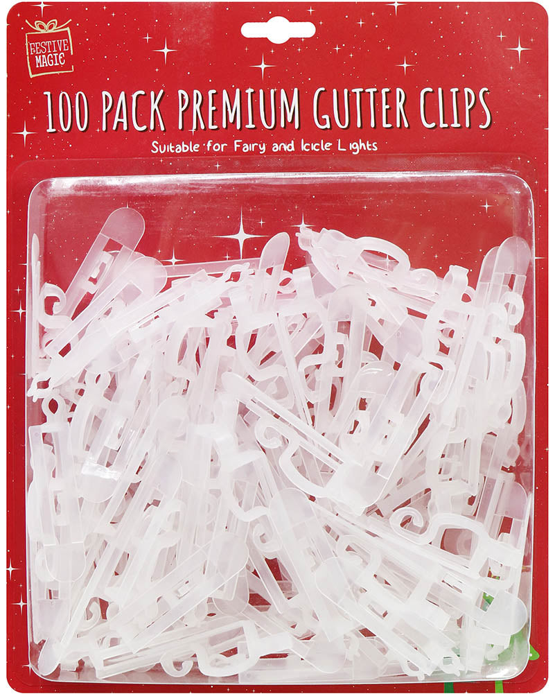 A 100-pack of clear plastic premium gutter clips in a red blister pack with white text, labeled 'Suitable for Fairy and Icicle Lights'.