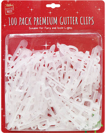 A 100-pack of clear plastic premium gutter clips in a red blister pack with white text, labeled 'Suitable for Fairy and Icicle Lights'.